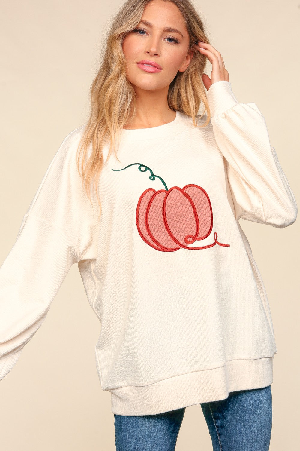 Haptics Full Size Embroidery Pumpkin Long Sleeve Knit Top